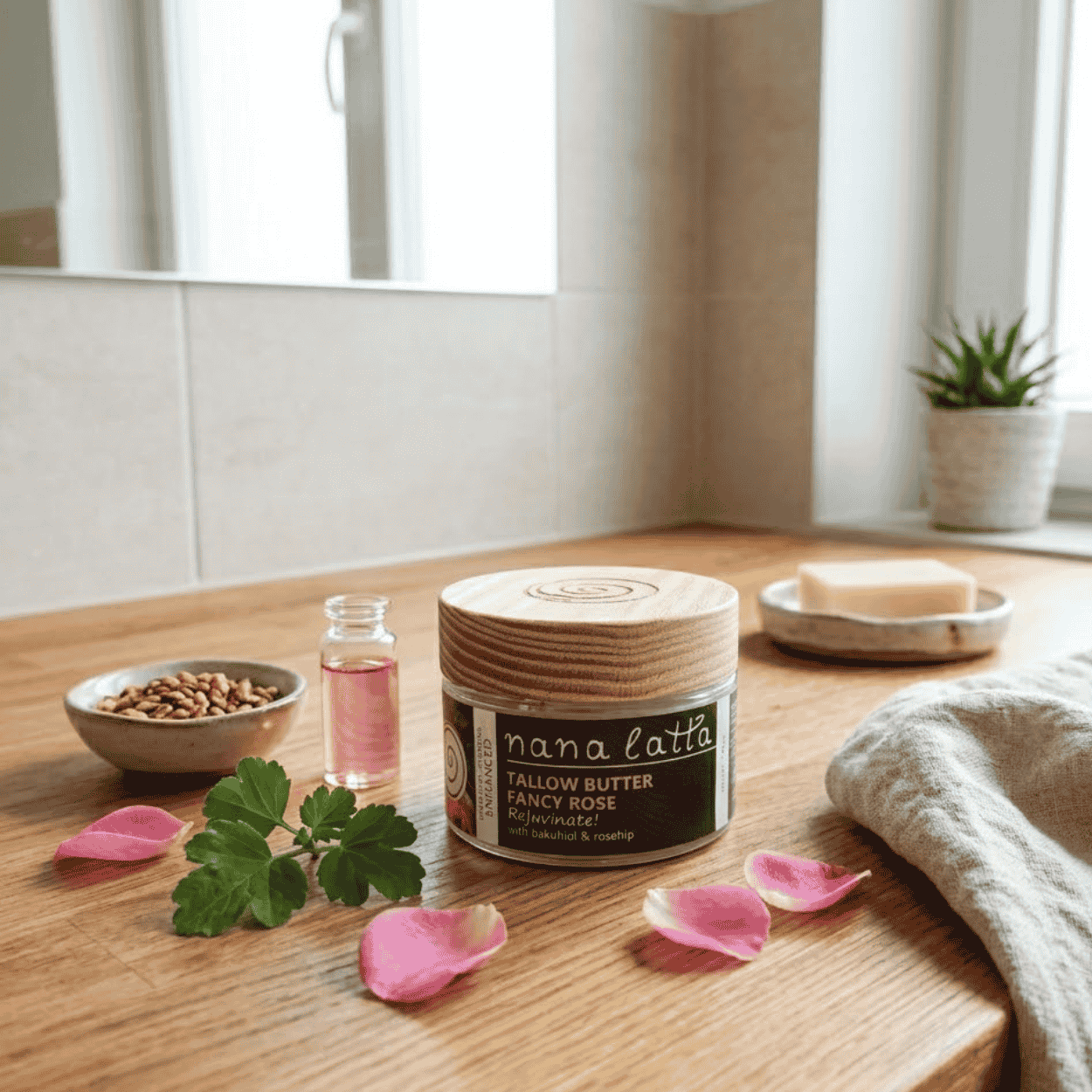 Kelímek lojového balzámu „Tallow Butter Fancy Rose“ na dřevěné desce, obklopený okvětními lístky růží, malou lahvičkou s olejem, miskou, mýdlem a lněnou utěrkou v prosvětleném interiéru.